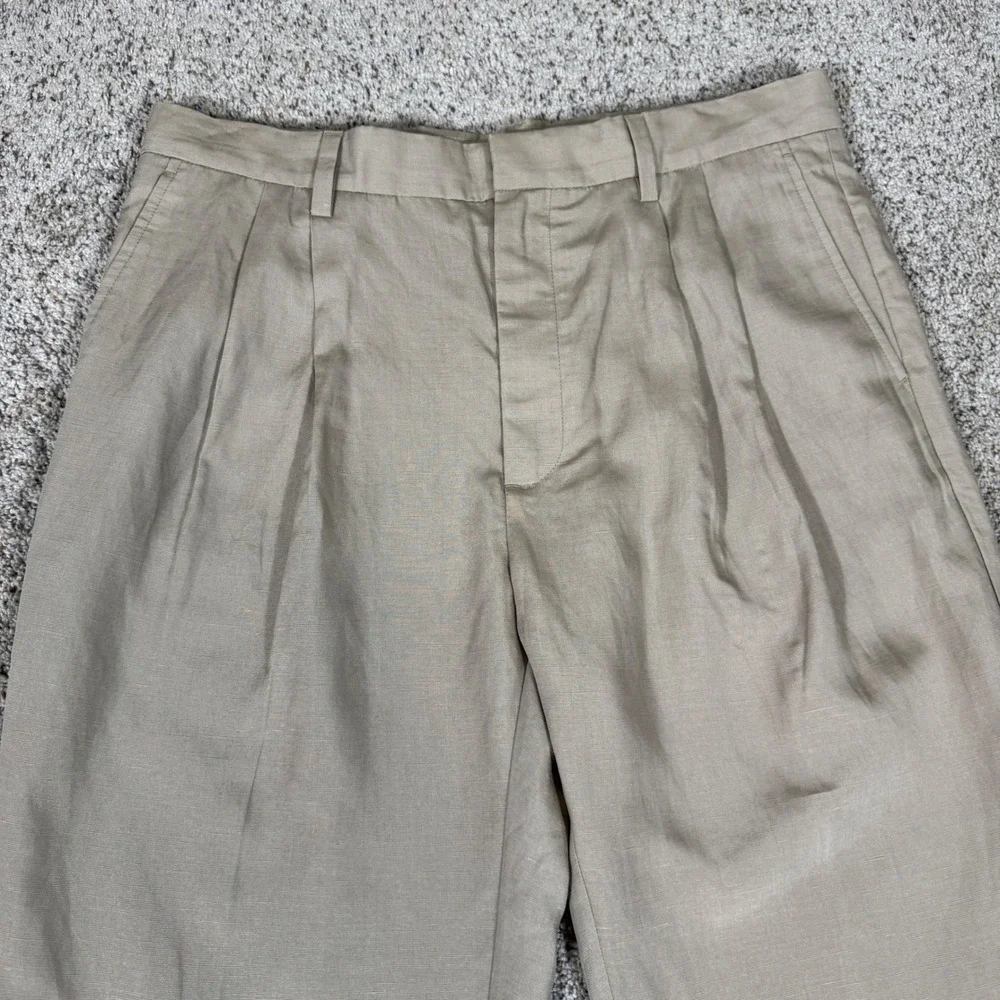 Banana Republic Mens Khaki Linen Blend Double Pleated Straight Fit Pants Size 34